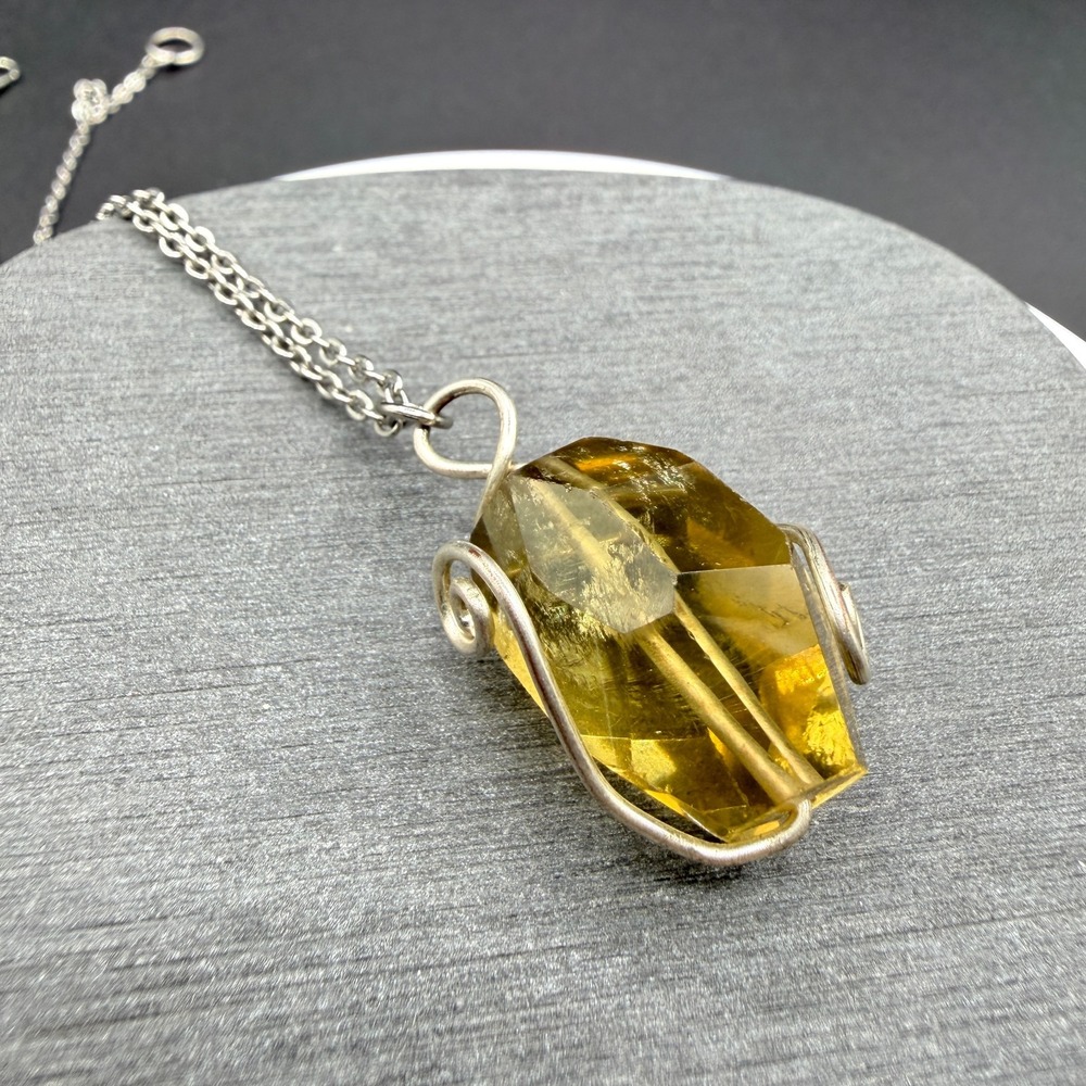 Citrine Yellow Crystal Wire Wrapped Pendant Necklace Silver Tone Boho Gift